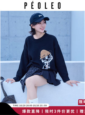 飘蕾小狗图案圆领秋冬女针织衫