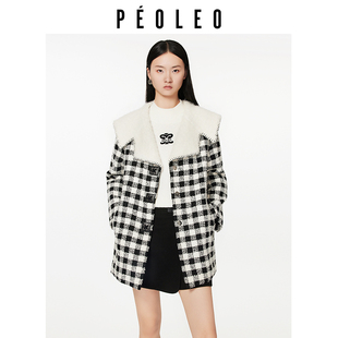 加厚保暖中长款 飘蕾小香风千鸟格绵羊毛大衣冬季 清仓直降