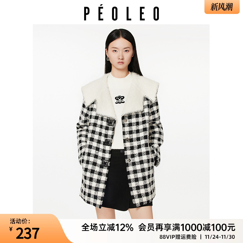 飘蕾小香风千鸟格绵羊毛大衣