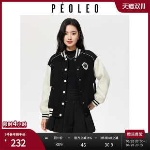 拼色美式 夹克外套冬季 飘蕾仿羊羔毛长袖 棒球服设计女 清仓直降