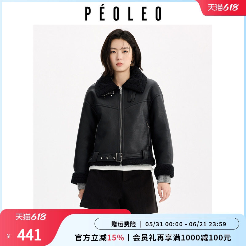 飘蕾黑色毛绒翻领短外套女年街头工装风拉链保暖显瘦PU皮夹克