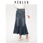 复古高腰显瘦A字长裙 美式 飘蕾牛仔包臀鱼尾半身裙女秋季 新款