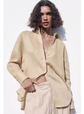 Z 春季新款 女装 百搭宽松亚麻混纺面料翻领长袖衬衫8372036 450