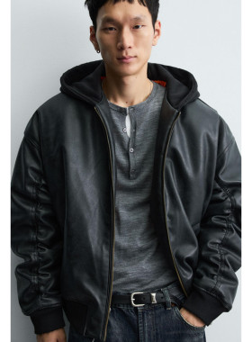 Z 秋冬新款 男装 休闲宽松微夹棉拼接连帽仿皮夹克外套 8491706
