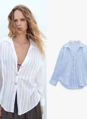 Z 镂空垂直花边宽松衬衫女长袖百搭条纹上衣 8351023 250