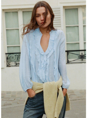 Z春夏新款 女装 百搭休闲宽松木耳边叠层V领长袖衬衫 3666052 403