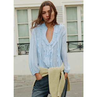 衬衫 Z春夏新款 女装 百搭休闲宽松木耳边叠层V领长袖 403 3666052