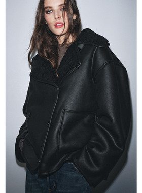 Z 秋冬新款 女装 宽松版休闲翻领复合皮毛一体夹克外套 3548241