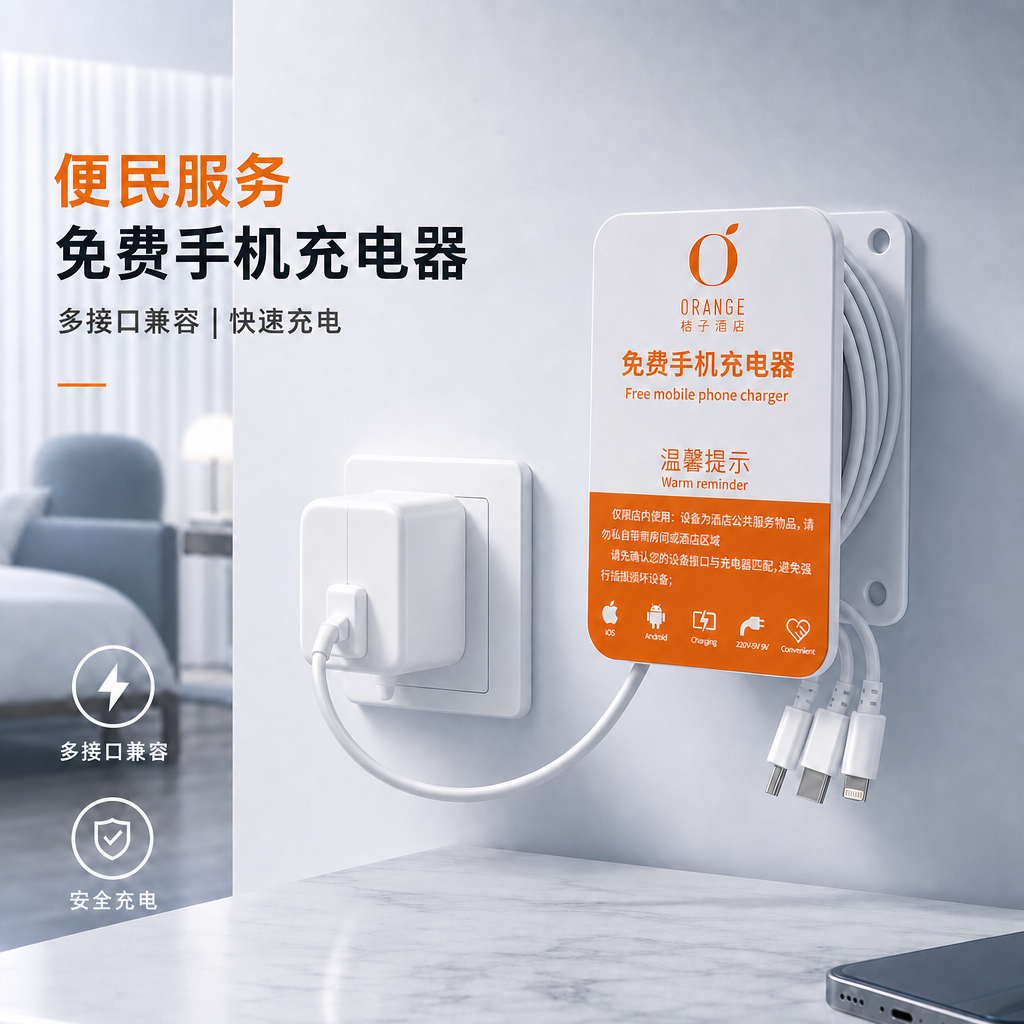 千路达宾馆客房固定防丢盗充电器线超级快闪充公共多功能手机加油站一拖二壁挂式适用于苹果TYPE-C口