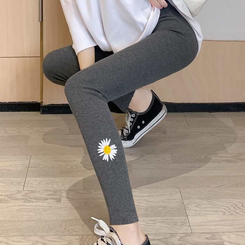 小雏菊打底裤女外穿春秋螺纹2020新款夏薄款高腰九分灰色网红裤子