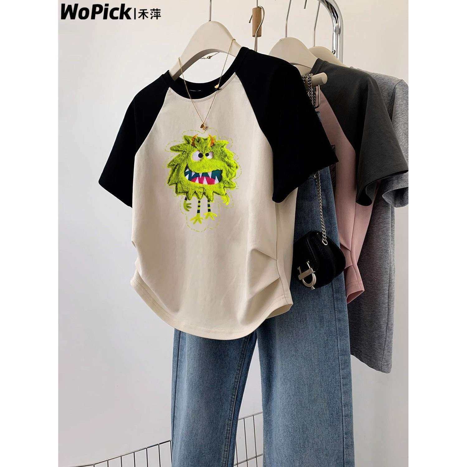 插肩袖卡通印花圆领短袖t恤女夏季2025新款褶皱收腰显瘦辣妹上衣