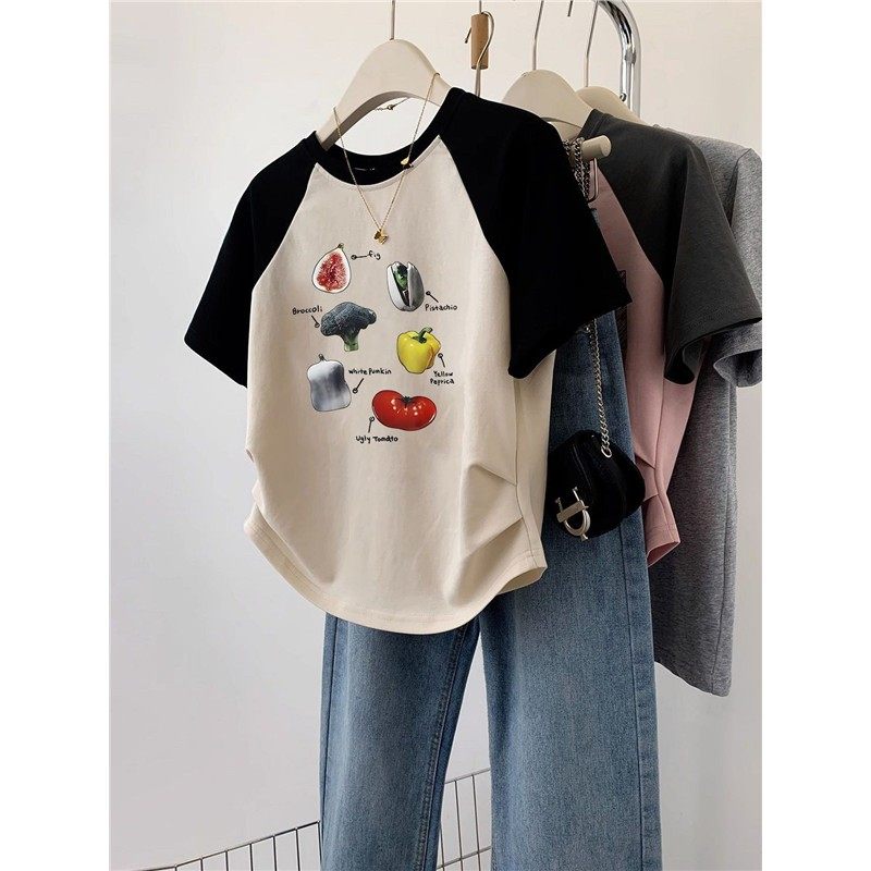 插肩袖水果图案圆领短袖t恤女夏季2025新款褶皱收腰显瘦辣妹上衣