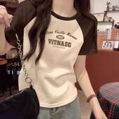 拼接棕色甜辣短袖 宽松小众设计感潮 上衣韩版 t恤女2025年夏季 新款