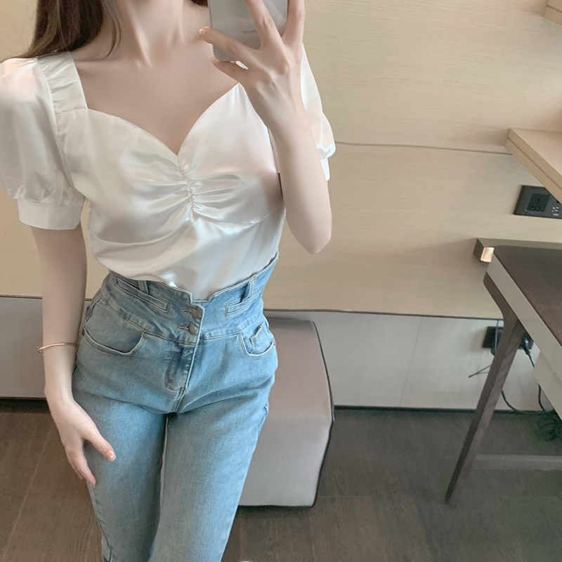 实拍实价~缎面衬衫女设计感小众法式复古港味方领锁骨上衣