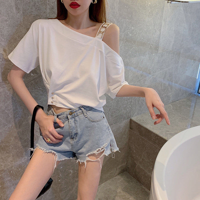 实拍实价~短款露肩锁骨上衣设计感小众短袖t恤女