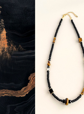 国风原创手作天然石黑金串珠项链复古黑曜石串珠文艺新中式锁骨链