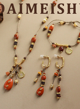 原创复古时尚精致气质百搭红石流苏串珠毛衣链轻奢高级感长项链女