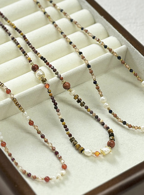 新中式钛钢金砂石项链复古淡水珍珠天然石串珠锁骨链轻奢珍珠项链