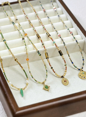 新潮敦煌系锁骨链项链美拉德风天然石串珠项链手工淡水珍珠项链女