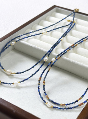 复古高级感青金石串珠钛钢项链轻奢淡水珍珠红玛瑙锁骨链毛衣链女