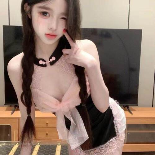 Lady内衣性感小胸蕾丝透视旗袍制服中式挂脖睡衣诱惑趣情qqny纯欲