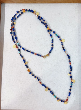 原创天然青金石银镀金多宝毛衣链