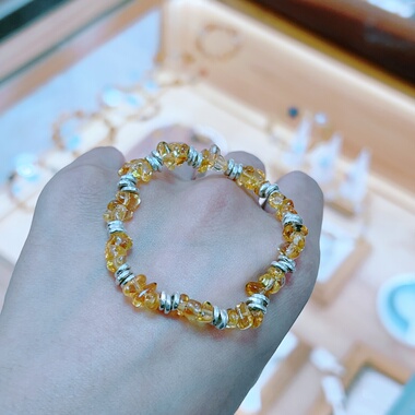 原创设计天然黄水晶碎石银盘手链