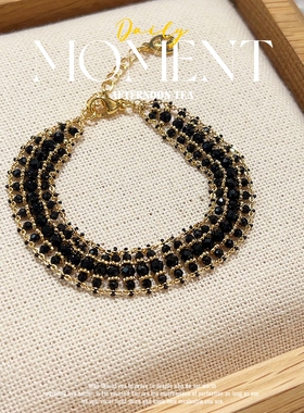 天然黑尖晶石法式复古宽版手链