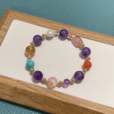 天然紫粉水晶多宝手串女款叠戴