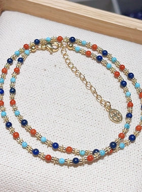 新中式绿松石南红青金石锁骨链