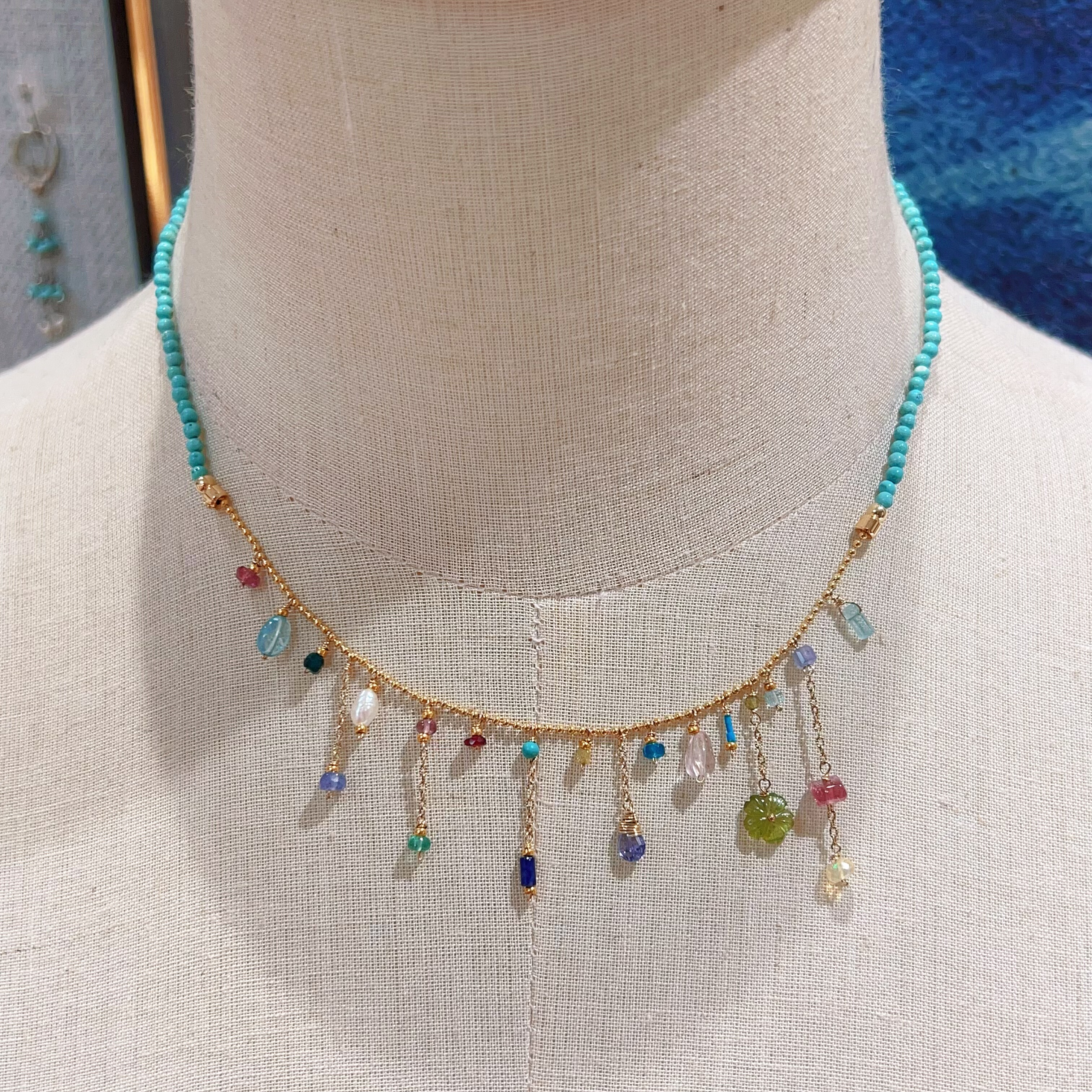 原创设计天然绿松石小米珠项链流苏女款2mm简约多宝天然石颈链金