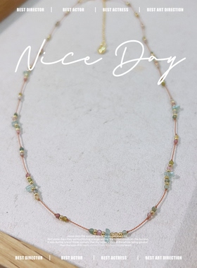 法式小众天然碧玺祖母绿锁骨链