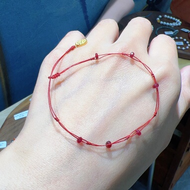 天然红宝石双层手链银镀金吊坠