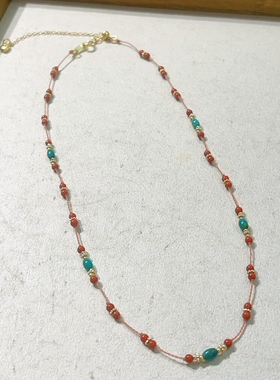 天然南红绿松石桶珠锁骨链镀金