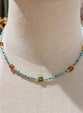 原创新中式绿松石碧玺叠戴锁骨链