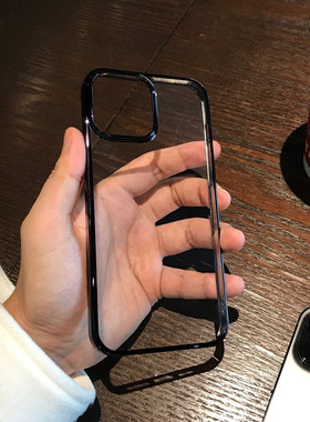 电镀全包 iPhone14promax手机壳硬套苹果14超薄透明亮面13 pro max保护壳银黑色简约男款