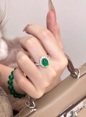 新中式戒指女冰种帝王绿鸽子蛋食指戒轻奢翡翠戒指紫罗兰蛋面戒指