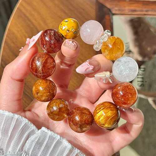 天然水晶大颗粒黄胶花红胶花手链女原创设计款大漆串珠白幽灵手串