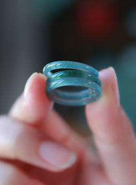 蓝水料翡翠戒指a货新中式古风天然石玉石素圈指环diy美人戒圈