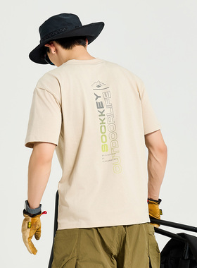 SOCKKEY简约线条户外风印花运动短袖t恤纯棉男夏美式圆领体恤潮