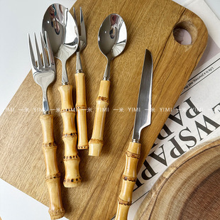 真竹子竹节柄牛排刀叉勺304不锈钢餐具西餐叉子小勺水果叉甜品勺