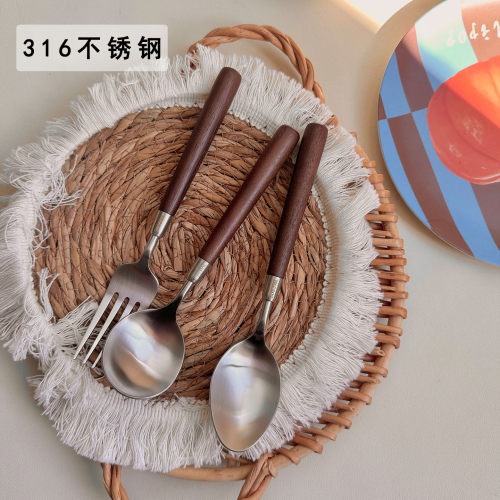 胡桃木柄316不锈钢意面勺叉商用