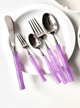梦幻霞光紫色304不锈钢西餐牛排刀叉勺餐具竹节圆勺儿童勺汤勺叉