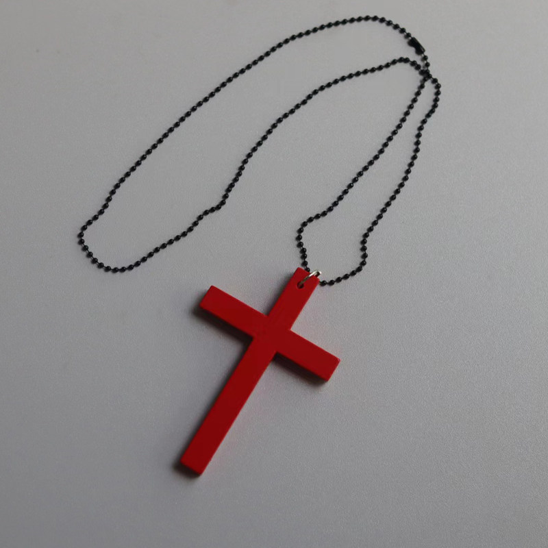 thumbnail for Halloween Dark Wooden Red Cross Necklace Large Sweater Chain Subculture Gothic Nun Accessories Lolita