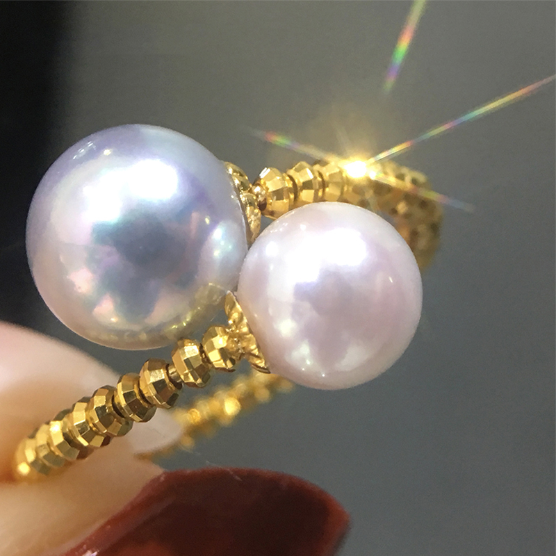 18k蕾丝镂空9-9.5mm天然浓金南洋金珠戒指 akoya双珠