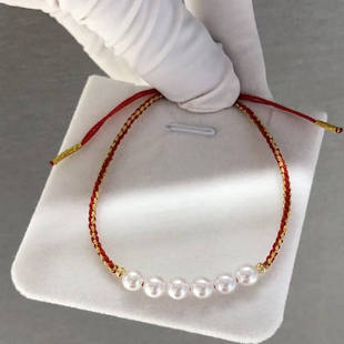 5-6mm幸运红绳手链天然珍珠搭配18K金球红线和金线交叉编织