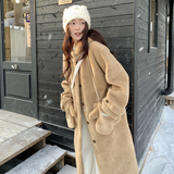 卡其色连帽中长款皮毛一体羊羔毛外套女秋冬加绒加厚派克棉服大衣，女装派克服，2D107