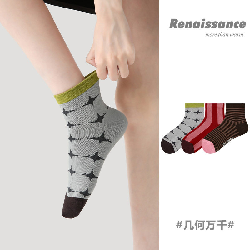 Renaissance原创女袜夏季几何图案短袜薄款透气条纹低帮船袜子女