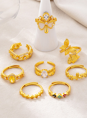 蝴蝶花朵戒指气质越南沙金镶锆皇冠食指戒饰品锆石桃花铜镀戒圈