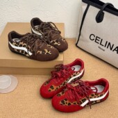 复古平底圆头运动阿甘休闲板鞋 红色翻盖豹纹德训鞋 女2025春秋新款